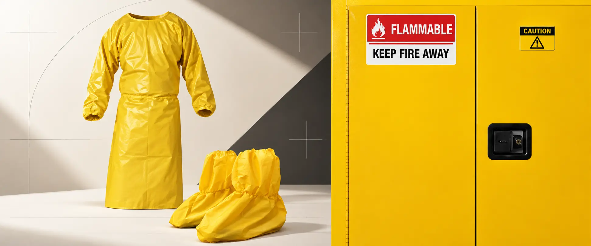 Editorial composition of yellow protective clothing and a yellow safety cabinet