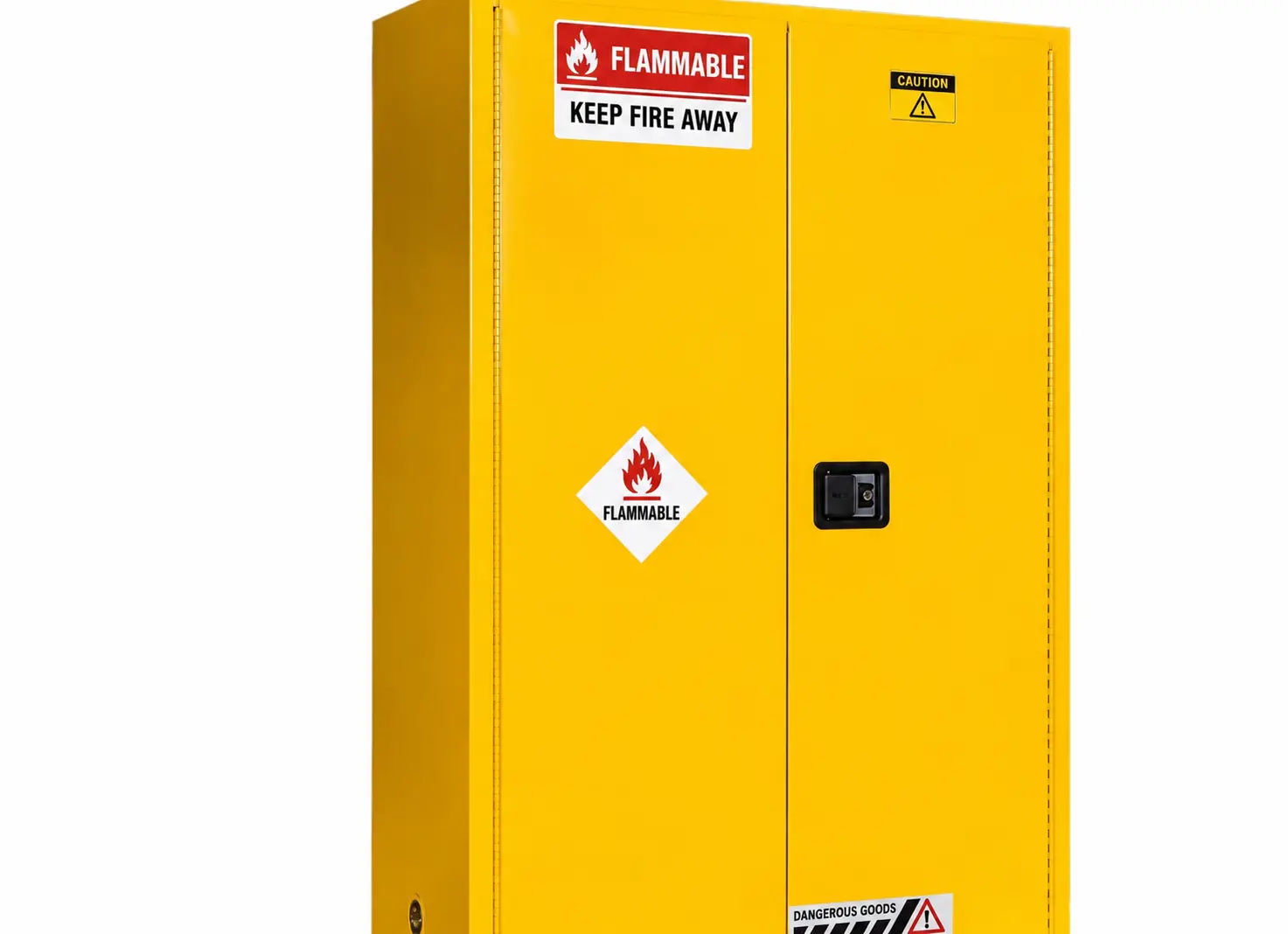 Yellow safety cabinet with English safety labels